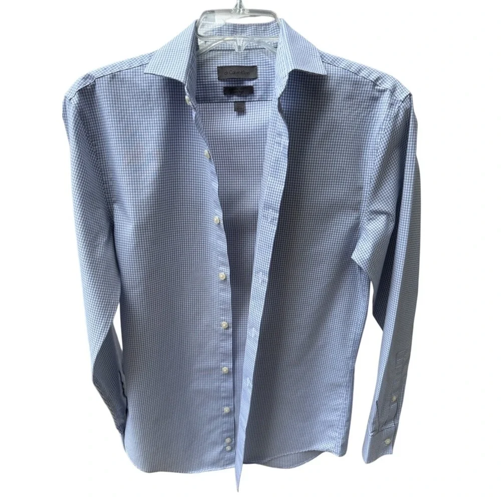 Calvin Klein Men's Light Blue Micro-Check Dress Shirt. 14.5.32/33.Extreme slim.
